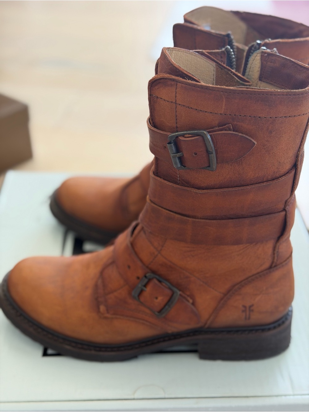 Frye Cognac Leather “Veronica Tanker” Boots